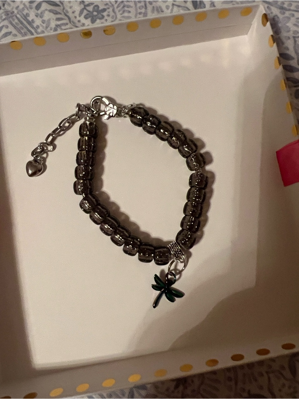 Smoky Hematite Beaded Bracelet with Green Dragonfly Charm